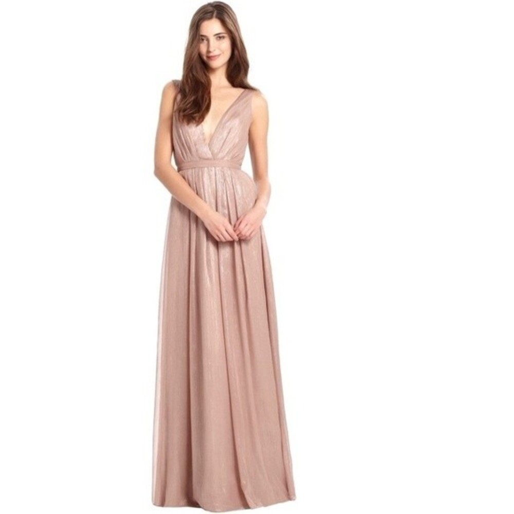 Monique Lhuillier Bridesmaids Alexa Rose Metallic Chiffon V-neck Dress 8 NWOT